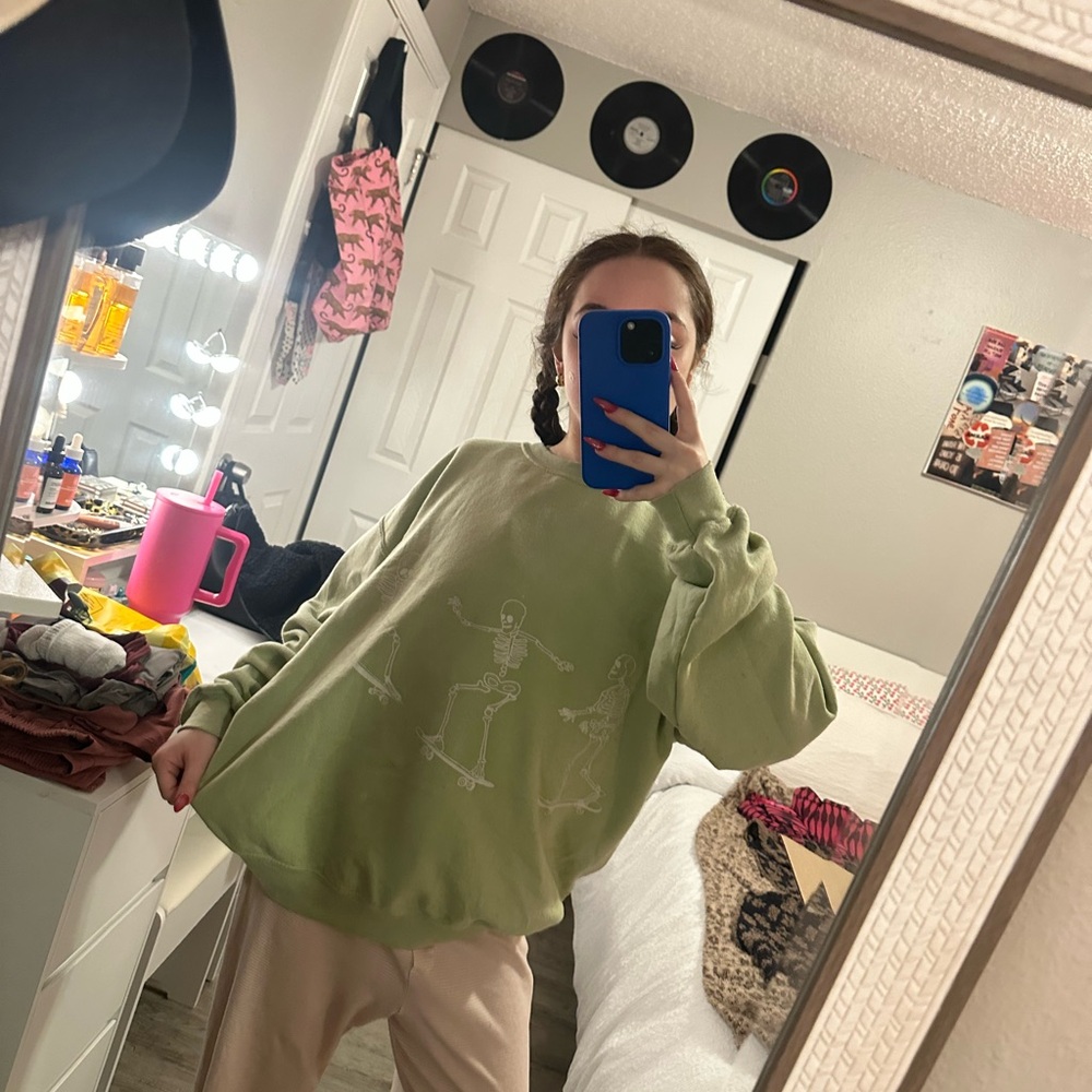 Urban Outfitters Green Sweatshirt with Skeleton Skateboard Print